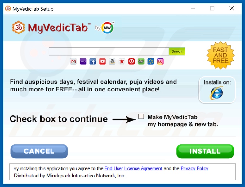 Official MyVedicTab browser hijacker installation setup