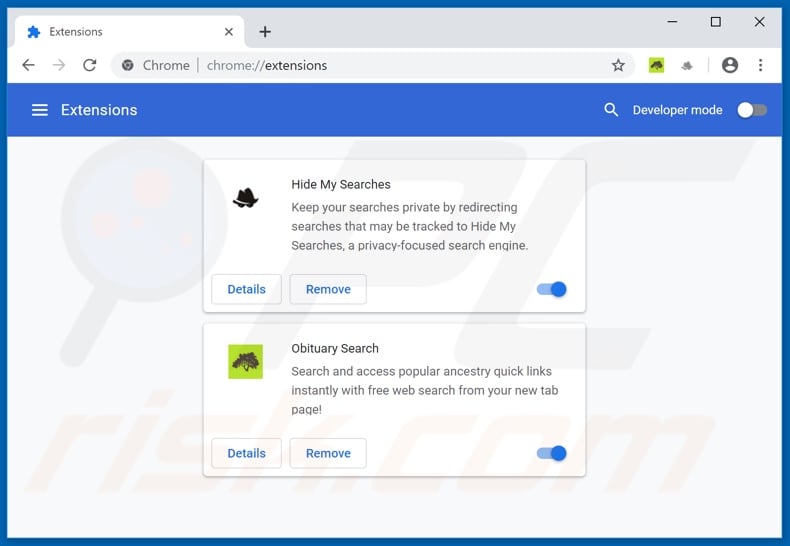 Removing search.obituarysearchtab.com related Google Chrome extensions