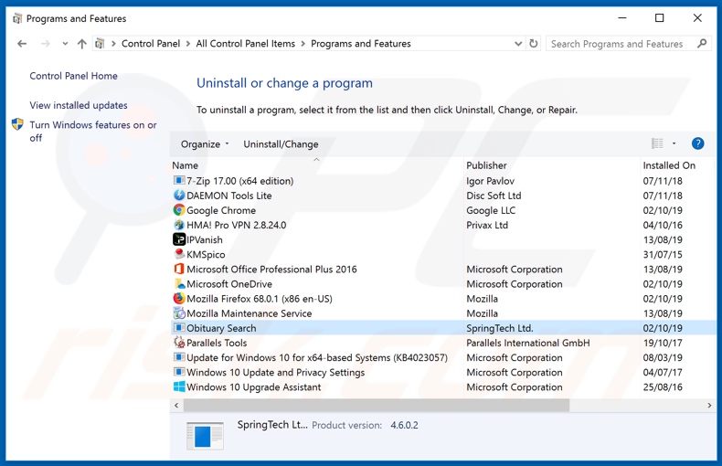 search.obituarysearchtab.com browser hijacker uninstall via Control Panel