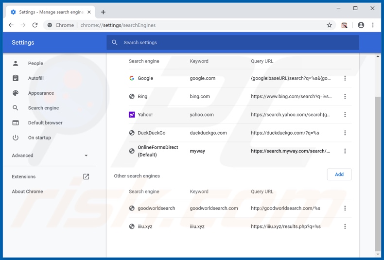 Removing hp.myway.com from Google Chrome default search engine