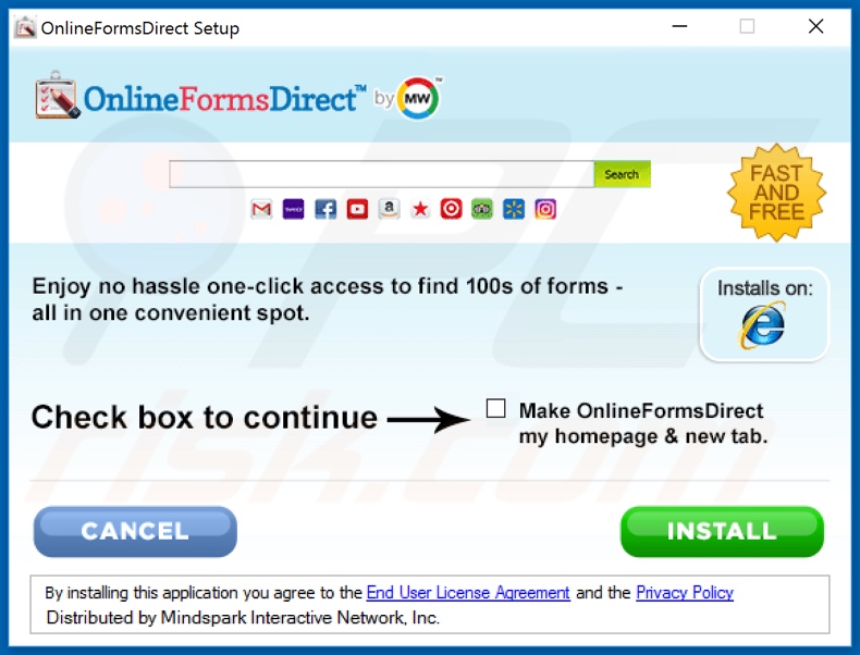 Official OnlineFormsDirect browser hijacker installation setup