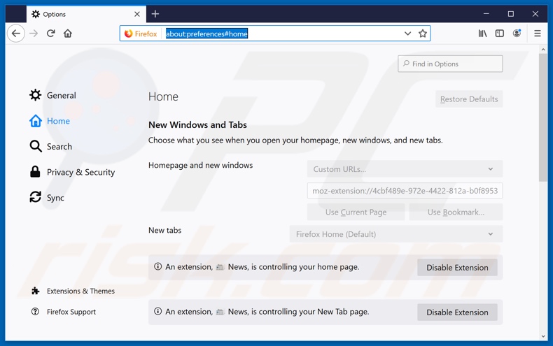 Removing search.onlinenewsnowtab.com from Mozilla Firefox homepage