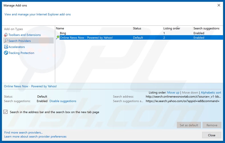 Removing search.onlinenewsnowtab.com from Internet Explorer default search engine