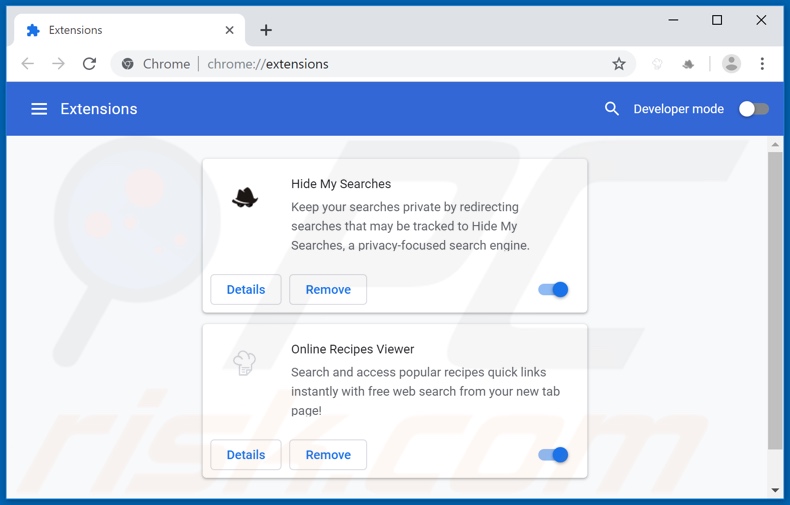 Removing search.viewfreerecipestab.com related Google Chrome extensions