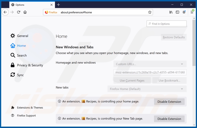 Removing search.viewfreerecipestab.com from Mozilla Firefox homepage