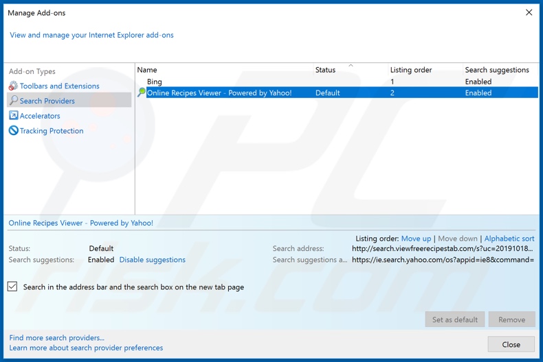 Removing search.viewfreerecipestab.com from Internet Explorer default search engine