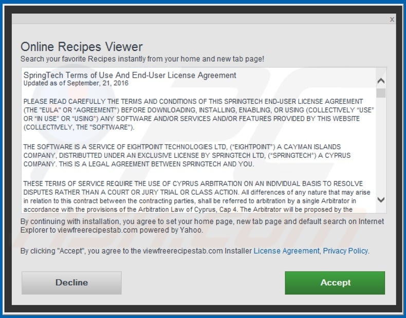 Official Online Recipes Viewer browser hijacker installation setup