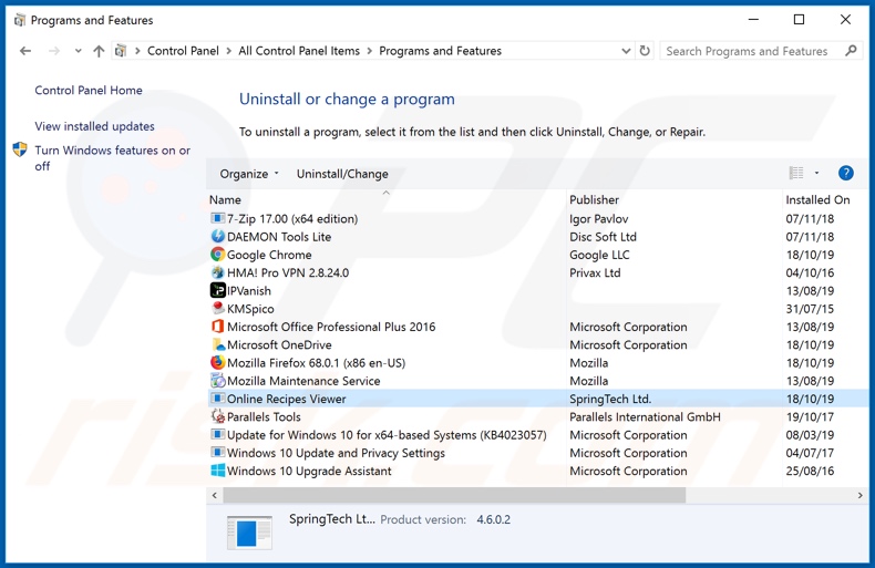 search.viewfreerecipestab.com browser hijacker uninstall via Control Panel