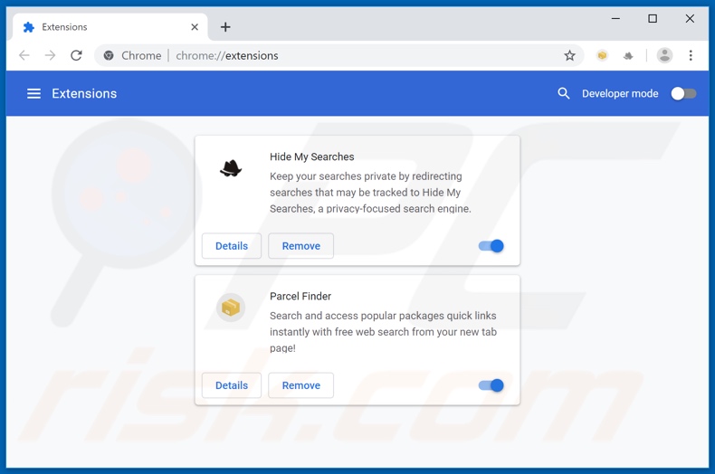 Removing search.parcelfindertab.com related Google Chrome extensions
