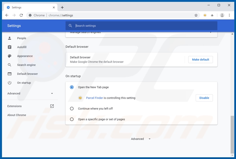 Removing search.parcelfindertab.com from Google Chrome homepage