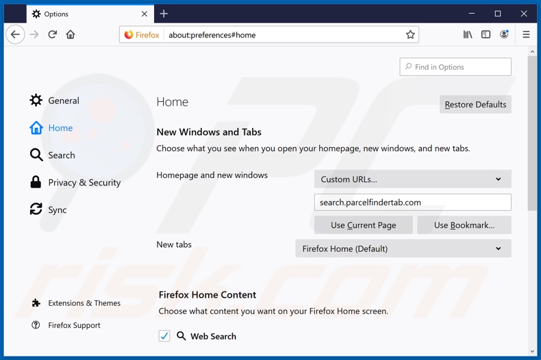 Removing search.parcelfindertab.com from Mozilla Firefox homepage