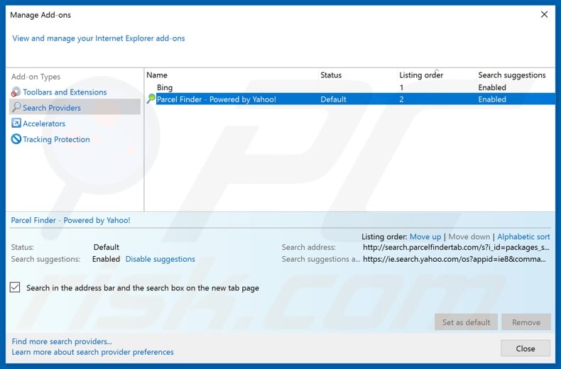Removing search.parcelfindertab.com from Internet Explorer default search engine