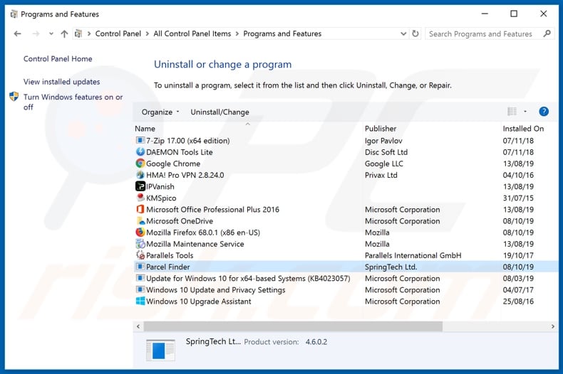search.parcelfindertab.com browser hijacker uninstall via Control Panel