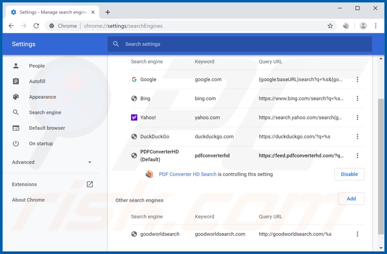 Removing feed.pdfconverterhd.com from Google Chrome default search engine