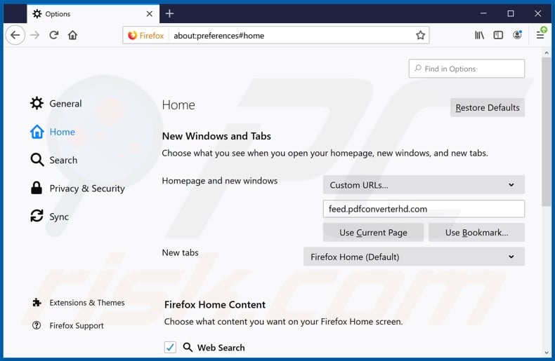 Removing feed.pdfconverterhd.com from Mozilla Firefox homepage