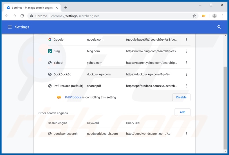 Removing pdfprodocs.com from Google Chrome default search engine