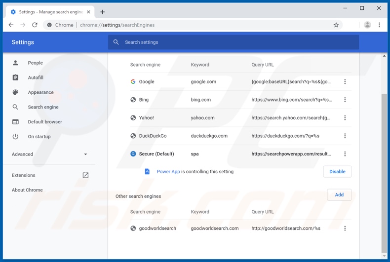 Removing searchpowerapp.com from Google Chrome default search engine