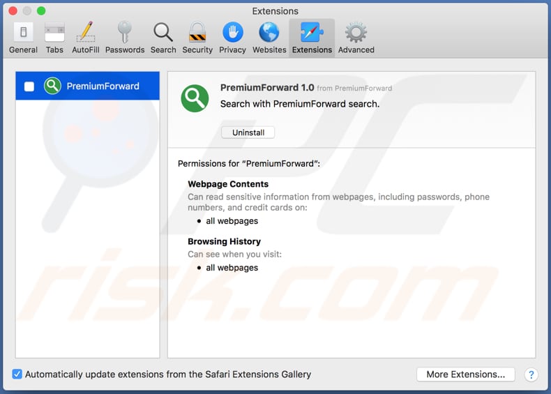 PremiumForward adware installed on Safari browser