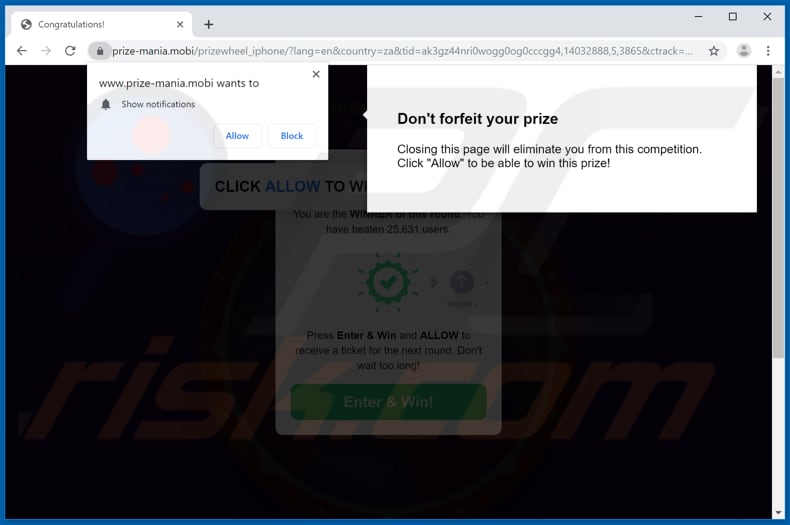 prize-mania[.]mobi pop-up redirects