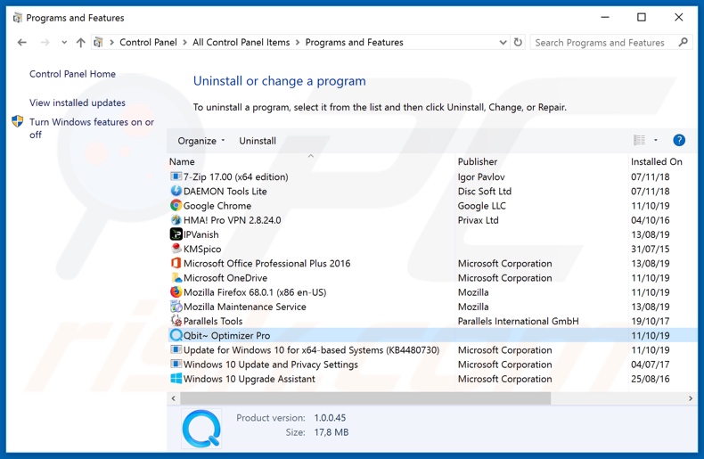 Qbit Optimizer Pro adware uninstall via Control Panel