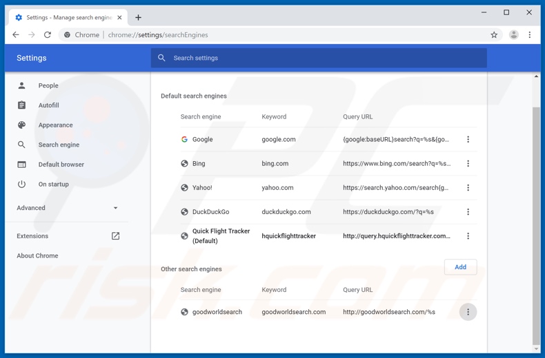 Removing search.hquickflighttracker.com from Google Chrome default search engine