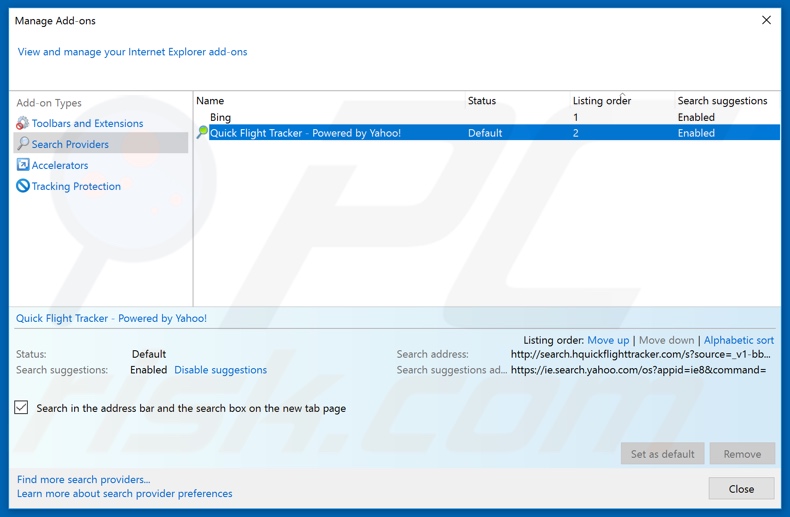 Removing search.hquickflighttracker.com from Internet Explorer default search engine