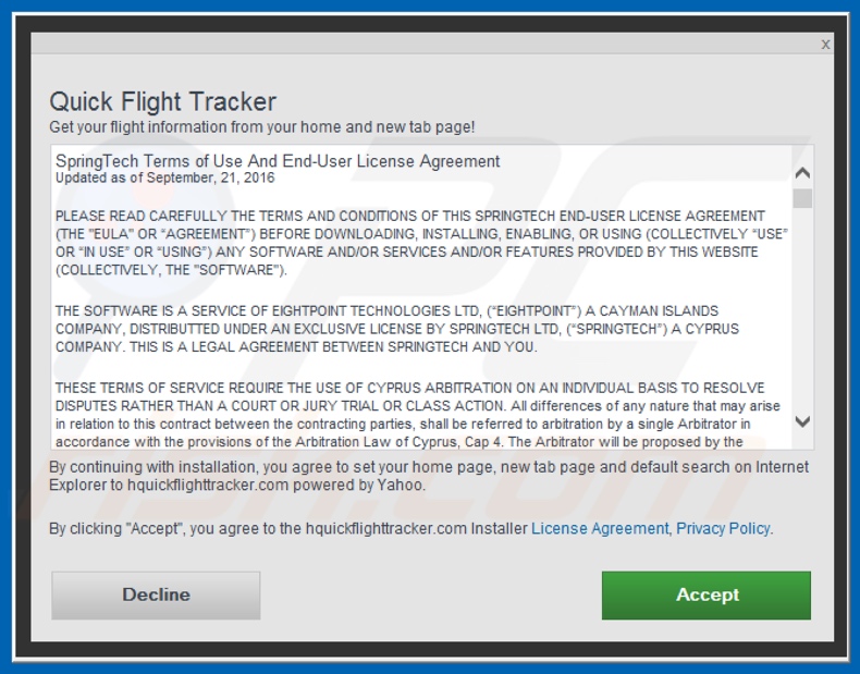 Official Quick Flight Tracker browser hijacker installation setup