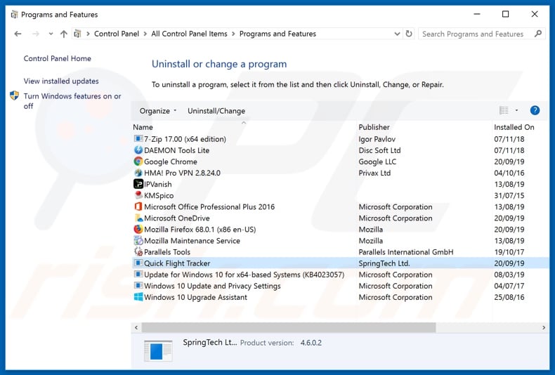 search.hquickflighttracker.com browser hijacker uninstall via Control Panel