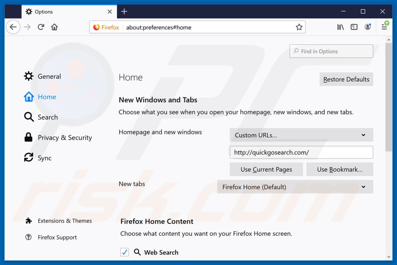 Removing quickgosearch.com from Mozilla Firefox homepage