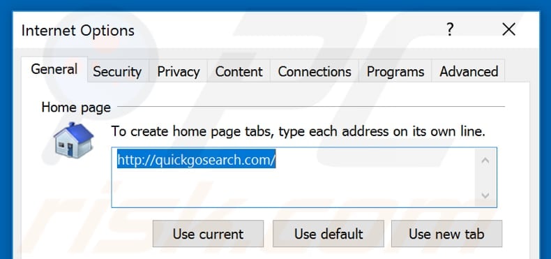 Removing quickgosearch.com from Internet Explorer homepage