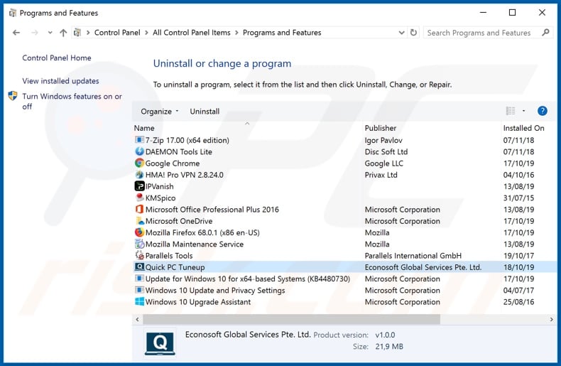 Quick PC Tuneup adware uninstall via Control Panel