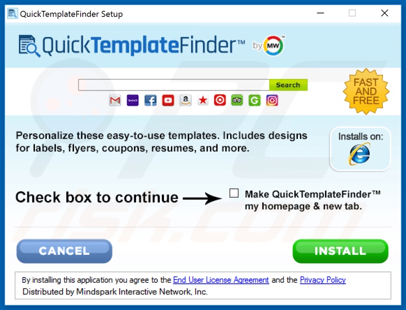 Official QuickTemplateFinder browser hijacker installation setup