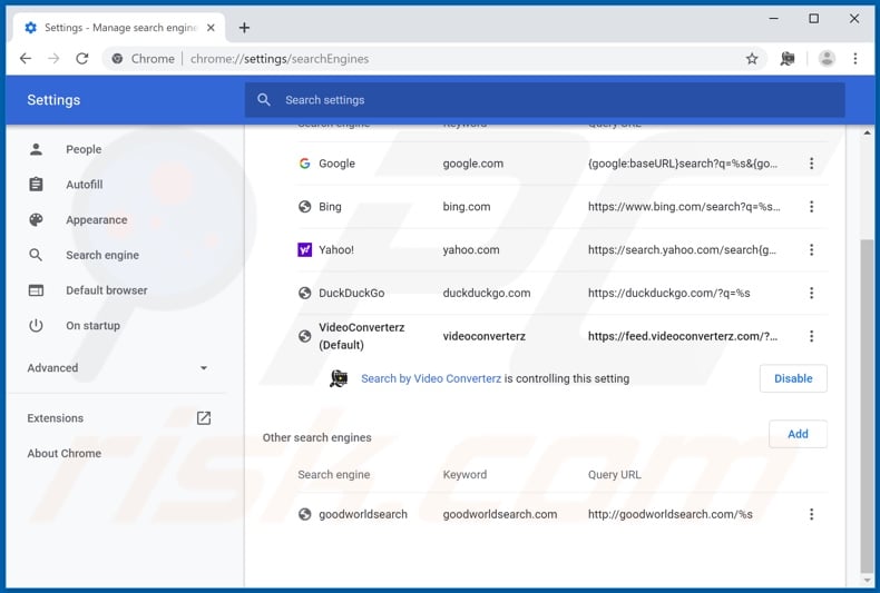 Removing feed.videoconverterz.com from Google Chrome default search engine