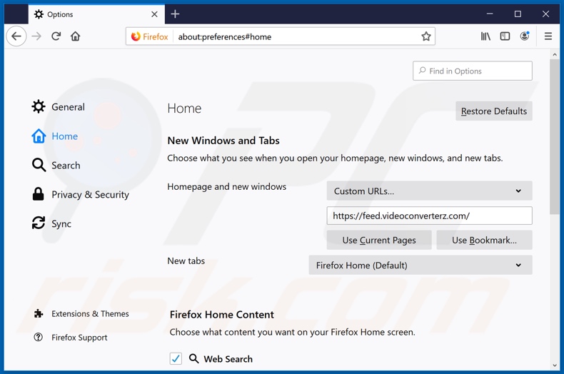 Removing feed.videoconverterz.com from Mozilla Firefox homepage