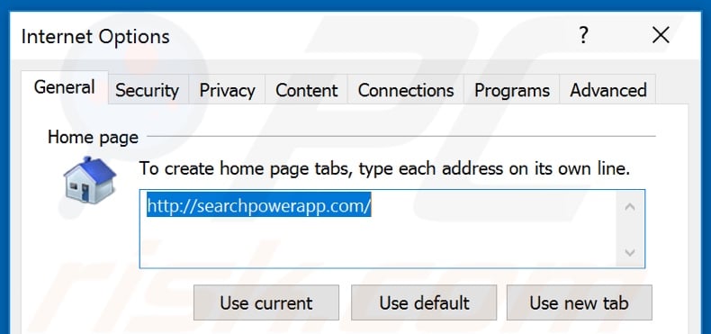 Removing searchpowerapp.com from Internet Explorer homepage