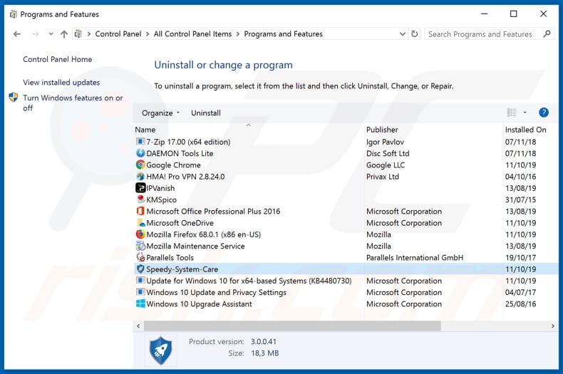 Speedy SystemCare adware uninstall via Control Panel