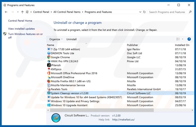 System Cleanup adware uninstall via Control Panel