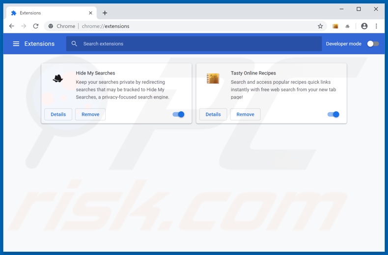 Removing search.tastyonlinerecipestab.com related Google Chrome extensions