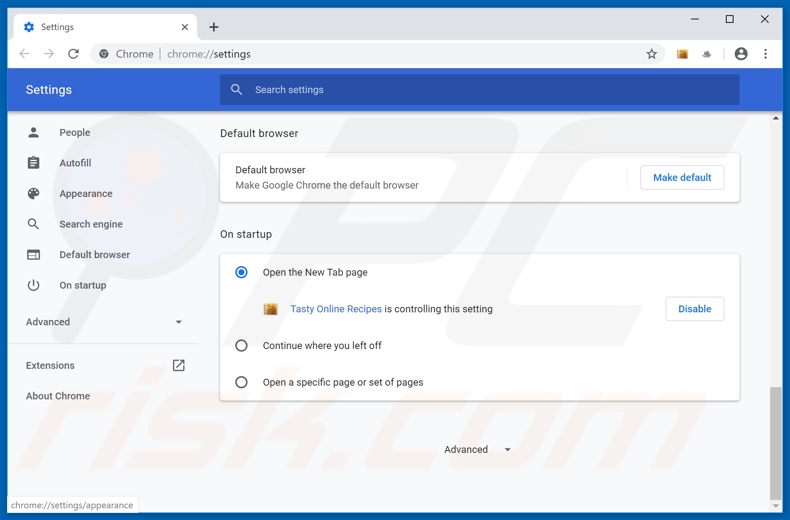 Removing search.tastyonlinerecipestab.com from Google Chrome homepage