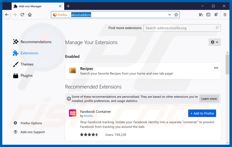 Removing search.tastyonlinerecipestab.com related Mozilla Firefox extensions
