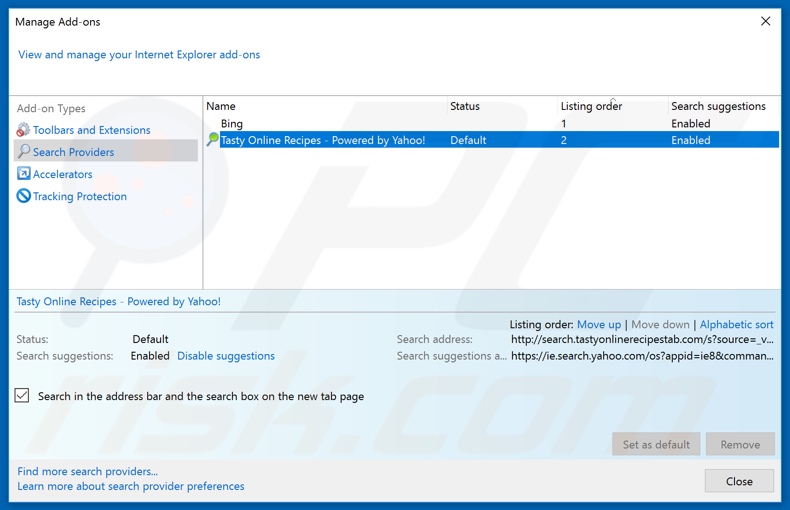 Removing search.tastyonlinerecipestab.com from Internet Explorer default search engine