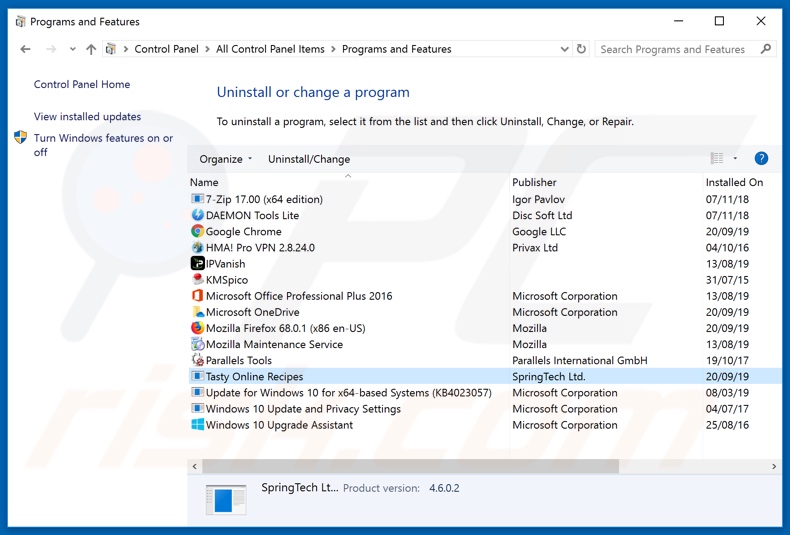 search.tastyonlinerecipestab.com browser hijacker uninstall via Control Panel