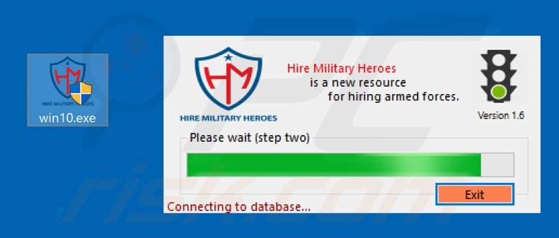 Screenshot of the dropper disguising as Hire Military Heroes application