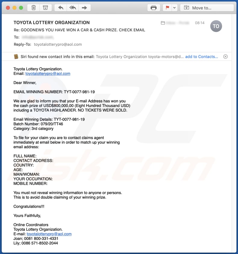 TOYOTA LOTTERY ORGANIZATION Email Scam spam campaign