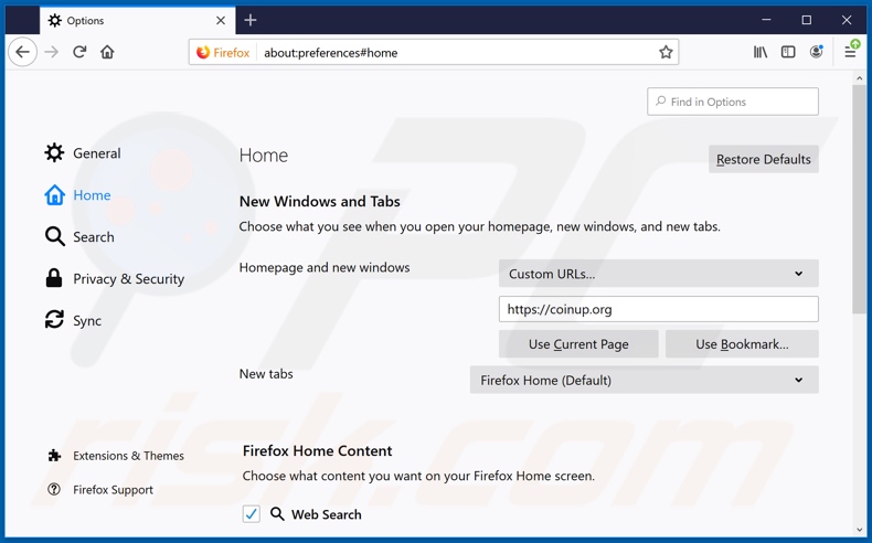 Removing coinup.org from Mozilla Firefox homepage