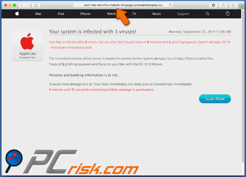 Appearance of your-mac-security-analysis[.]net scam (GIF)