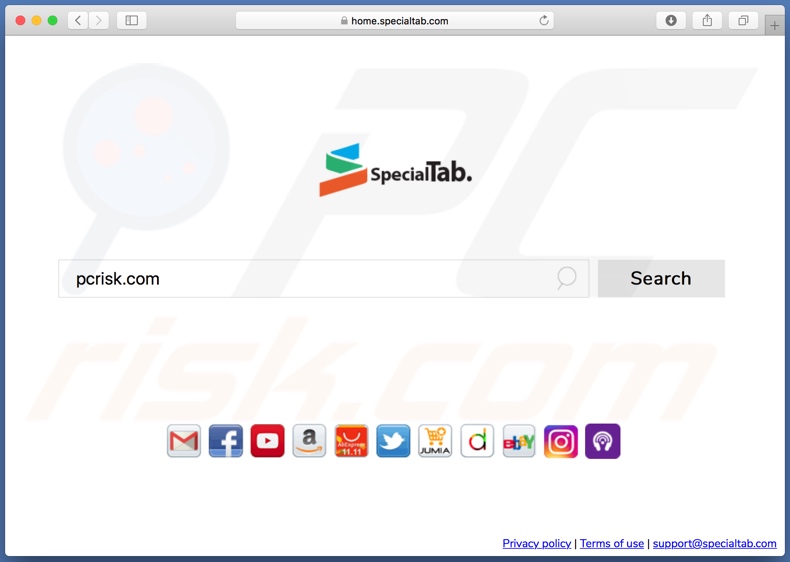 home.specialtab.com browser hijacker on a Mac computer