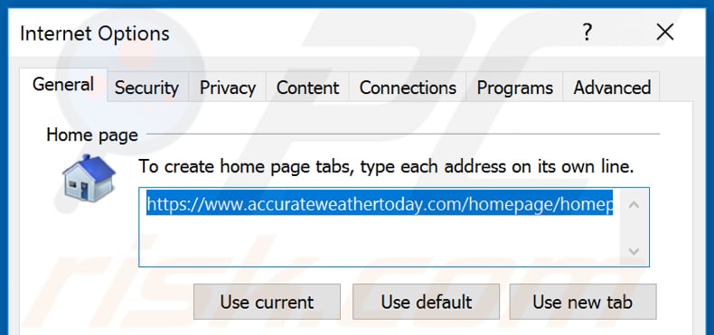 Removing accurateweathertoday.com from Internet Explorer homepage