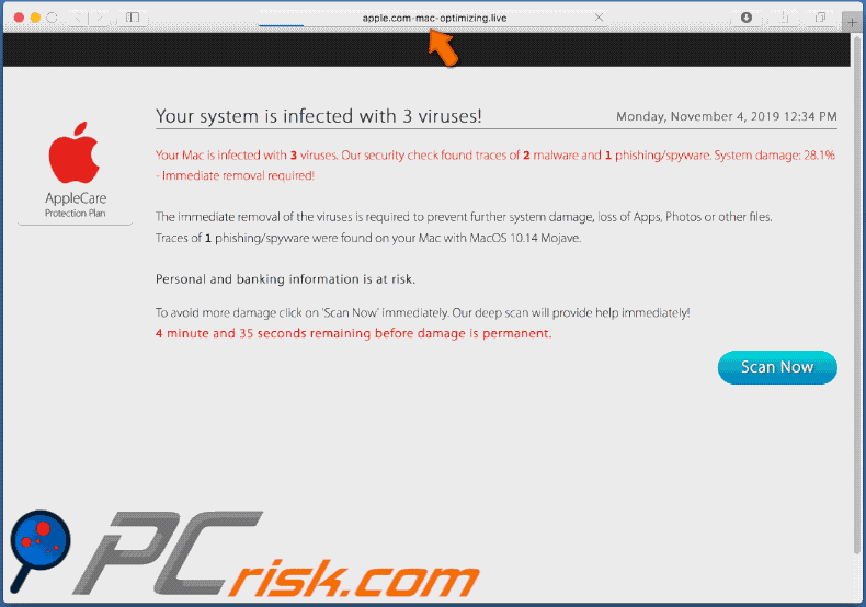 Appearance of apple.com-mac-optimization[.]live scam (GIF)