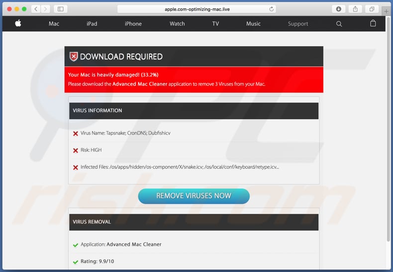 Apple.com-optimizing-mac.live detects fake viruses